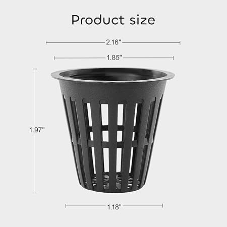 Hydroponic and aquaponic pot made of UV-resistant plastic and 2-inch hydroponic growing cups with thin edges and slotted sides for hydroponics and irrigation, per pack. Black