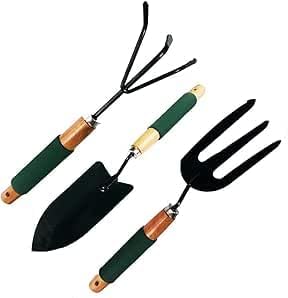 Gardening tools with a wooden handle (3-piece set) a very special 3-piece trowel set, suitable for all agricultural work, made of iron with a wooden handle.