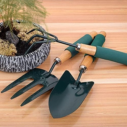 Gardening tools with a wooden handle (3-piece set) a very special 3-piece trowel set, suitable for all agricultural work, made of iron with a wooden handle.