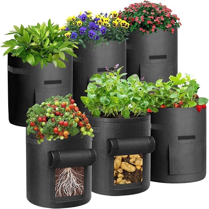 Potato planting bags, 6 pieces of non-woven fabric, garden planting bags for potatoes, vegetables, and other fruits, and plant pots with openings for harvesting the crop, 37.9 liters (black).