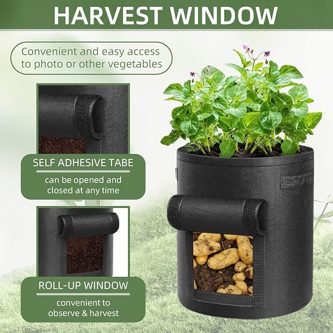 Potato planting bags, 6 pieces of non-woven fabric, garden planting bags for potatoes, vegetables, and other fruits, and plant pots with openings for harvesting the crop, 37.9 liters (black).