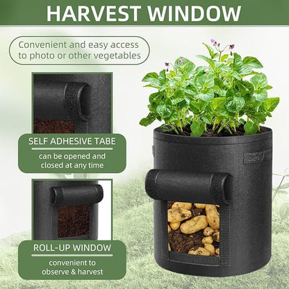 Potato planting bags, 6 pieces of non-woven fabric, garden planting bags for potatoes, vegetables, and other fruits, and plant pots with openings for harvesting the crop, 37.9 liters (black).